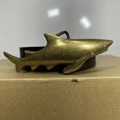 #ad Vintage Nelles Solid Bronze Hand Made Shark Belt Buckle With Leather Belt $107.00