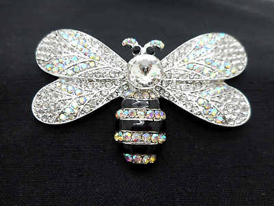 #ad Bumble Bee Brooch Women Crystal Large Pin Bright 3 quot; White Gold Plated $16.17