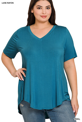 #ad 1X 2X 3X Luxe Rayon V Neck Short Sleeve Top Hi Low Rounded Hem Loose Fit T Shirt $11.95
