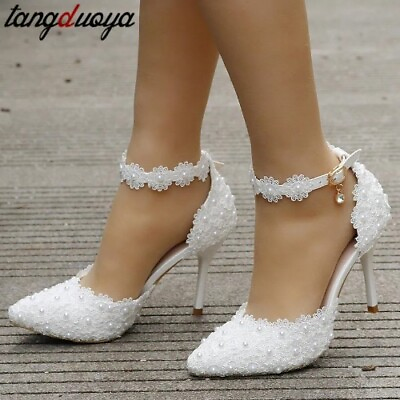 #ad Wedding Shoes Bride High Heels Ankle Strap Pumps Women Shoes Rhinestone Lace $49.50