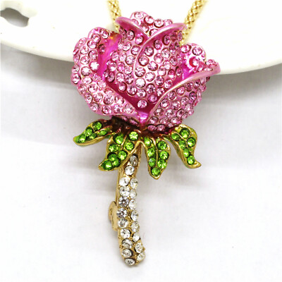 #ad New Fashion Women Pink Crystal Rhinestone Rose Flower Pendant Chain Necklace $3.95