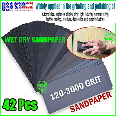 #ad 42pcs Sandpaper Sand Paper Sanding Sheets Assorted Auto Wet Dry Wood Car Metal $5.89