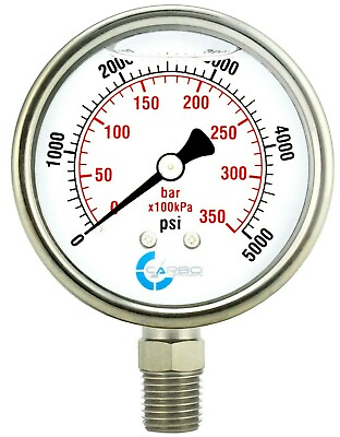2 1 2quot; Pressure Gauge ALL STAINLESS STEEL Liquid Filled Lower Mnt 5000 Psi $23.95