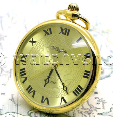 #ad Gold Color Pocket Watch Open Face Brass Case 41 MM for Men with Fob Chain P184 $21.99