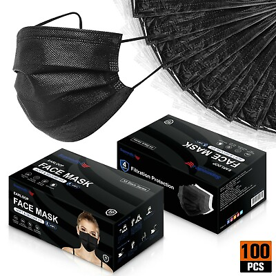 #ad 100 50 PCS Black Protective 4 Layer Face Mask Respirator Disposable Masks BFE98% $15.98