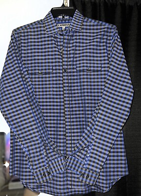 #ad #ad Express dress shirt button down mens fitted blue Black Silver Plaid Size Large $7.96