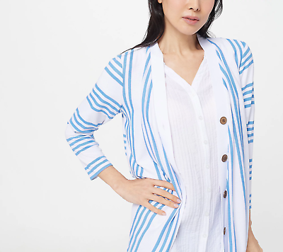 #ad Susan Graver Weekend L Striped Light Sweater Knit Cardigan Midday Blue QVC 5062 $23.20