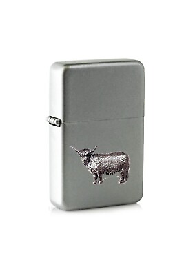 #ad ppg58 Highland Cow emblem on a flip top petrol silver lighter windproof GBP 14.95
