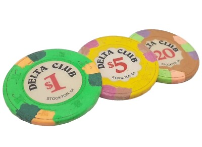 #ad Vintage Stockton Ca Delta Club Casino Clay Poker Chip Old $1 $5 $20 chips set $22.77