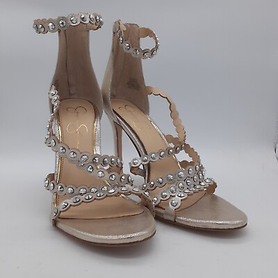 #ad Jessica Simpson Strappy Sandal Heels Size 9.5 Embellished Shoes Champagne Silver $30.95