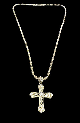 #ad 925 Italy Round Bead Chain Necklace CZ Cross Pendant Sterling Silver 20 in $58.50