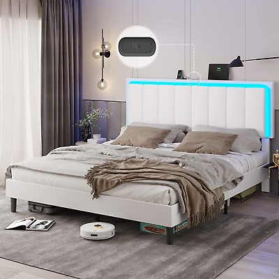 #ad Queen Size Bed Frame with Headboard amp;LED Light Modern Platform Bed Easy Assembly $179.99