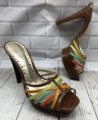 #ad BCBGirls Rainbow Strappy Sexy Slide On High Pump Heel Mule Shoe Brown Size 8B $22.50