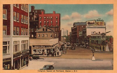 #ad Postcard ME Portland Maine Congress Square Linen Unposted Vintage PC H8862 $4.00