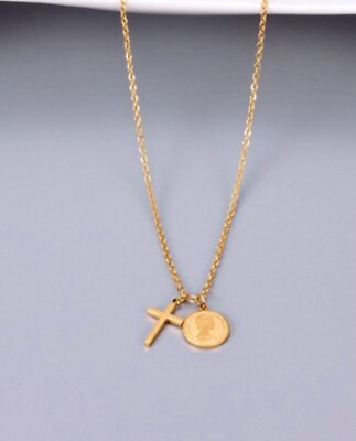 #ad Gold Plated Titanium Stainless Steel Queen Cross Money Gold Coin Necklace 16 18quot; $14.99