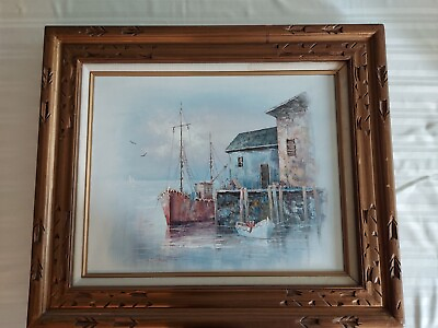 #ad Alan J. Simpson Oil on Canvas Boat at Harbor Signed and Framed $175.00