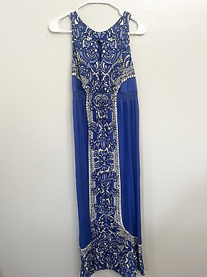#ad Soma Size Medium Blue Sleeveless Maxi Dress Medallion Slinky Soft Resort Beach $24.00
