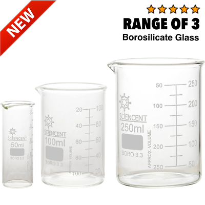 #ad Set Of 3 Thick Glass Beaker Lab Measuring Cup Withstand Heat Chemical Pressure $14.25