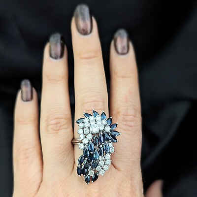 #ad Oversize Vintage Spray of Diamonds amp; Sapphires 14k White Gold Cocktail Ring Gift $2598.00
