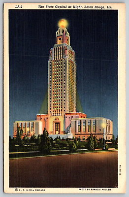 #ad Vintage Linen Postcard State Capitol At Night Baton Rouge Louisiana Posted 1942 $1.95