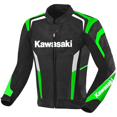 #ad Men Kawasaki Motorcycle Leather Jacket Motorbike Padded Leather Jacket Custom $195.00