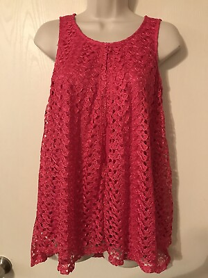 #ad Landa Women’s Hot Pink Tunic Hi Lo Tank Top Lace Overlay Size Small Floral Lace $15.00