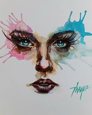 #ad Original Painting Beautiful Eyes Thayer Art OOAK 8x11 Not A Print $35.00
