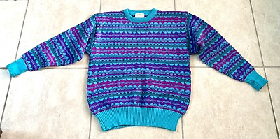 Vtg 80s LL Bean 100% Wool Worsted Knit Blue Purple Aqua Geometric Retro Large #ad $36.10