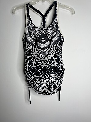 #ad Athleta Womens Lined Small Tank Top Razor Back Cinch Sides Black White Floral $13.42