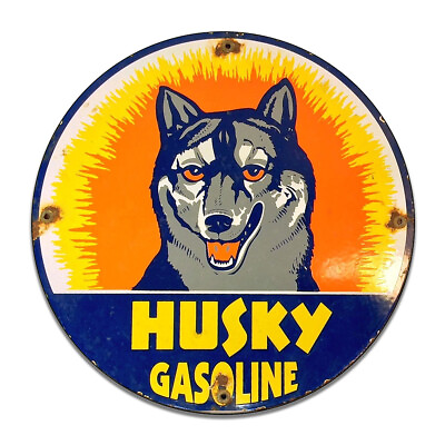 #ad Husky Gasoline Gas Ethyl Gasoline Corporation Motor Round MDF Wood Sign $29.95