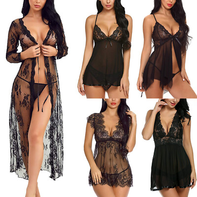 #ad Black Women#x27;s Sexy Lingerie Babydoll Sleepwear Underwear Lace Dress Nightwear US $13.99