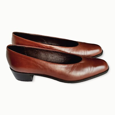 #ad Amalfi Brown Leather Italian Pump Shoes Block Heel Womens Size 8AA $36.00