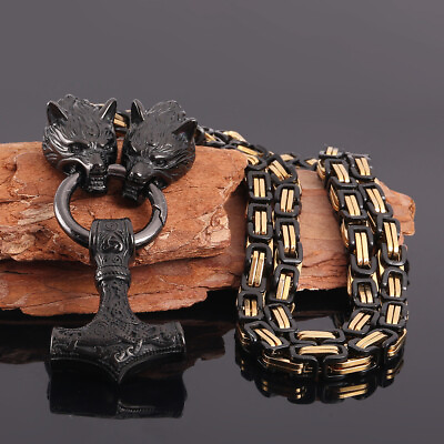 #ad Men’s Stainless Steel Wolf Chainamp;Viking Thor Hammer Mjolnir Pendant Necklace $25.56
