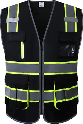 #ad #ad 9 Pockets High Visibility Black Safety Vest for Men and Women Zipper Fr $30.16