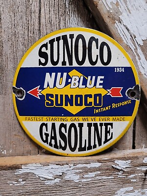 #ad VINTAGE SUNOCO PORCELAIN SIGN NU BLUE GASOLINE ADVERTISING OLD GAS PUMP PLATE $156.58