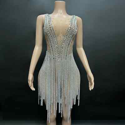 #ad Luxury Women Sexy Shiny Rhinestone Tassel Party Dress Singer Dancer Costume $362.39
