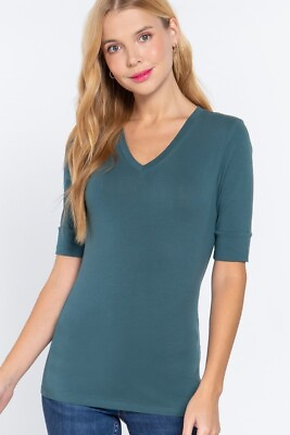 #ad Women Basic V NECK Elbow SHORT Sleeve T Shirt Top Cotton Stretch REG N PLUS S 3X $5.99