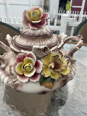 #ad Capodimonte Italy Round Covered Pedestal Bowl Compote with Lid Faces $93.00