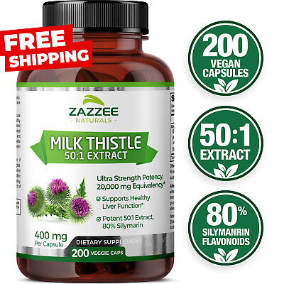 #ad Zazzee Organic Milk Thistle Extract 20000 mg Strength 200 Vegan Capsules $27.74
