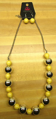 #ad new PAPARAZZI big silver tone yellow BEAD 27quot; Necklace pierced drop earring set $14.43