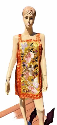 #ad Custo Barcelona 100% Silk Heavily Embroidered Dress Sz 40 Orange Yellow Lined $89.99