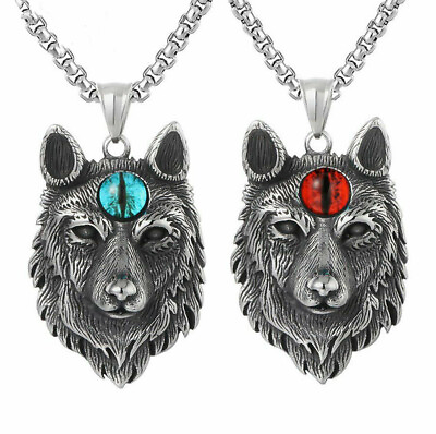 Mens Spiritual Evil Eye Wolf Head Pendant Necklace Stainless Steel Chain Gift $8.99