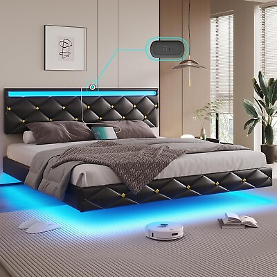 #ad Floating Bed Frame King Size with Led Lightsamp;USB PortsFaux Leather Platform Bed $249.97