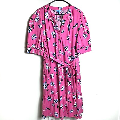 #ad Draper James Pink Floral Button Front Tiered Midi Shirt Dress Pockets Stretch 2X $39.95