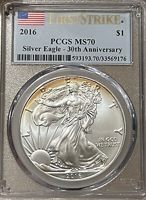 #ad 2016 SILVER EAGLE PCGS MS70 FIRST STRIKE 30th ANNIVERSARY LIGHTLY TONED $91.45