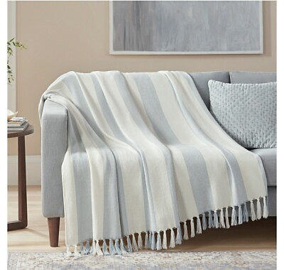 #ad Oversized Striped Throw 60 in X 70in W Knotted Fringe Blanket Blue Crest $23.99