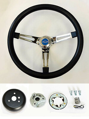 #ad 69 94 Chevelle Impala Nova Black Foam on Chrome 15quot; Steering Wheel Blue Bowtie $147.95