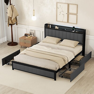 #ad Bed Frame with LED Headboard Upholstered Bed with 4 Storage DrawersUSB SALE US $199.96
