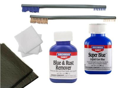 #ad Birchwood Casey Gun Blue Kit Rust Remover Super Blue Two Brushes 3quot; Patches Pads $36.99