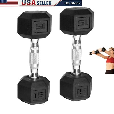 #ad #ad New Coated Rubber Hex 15lb Dumbbells Set of 2 Black Weight Barbell Pairs US $31.59
